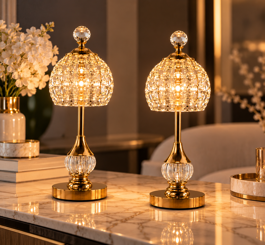 Lot de 2 Lampes de Table Cristal LED Sans Fil – Dorées