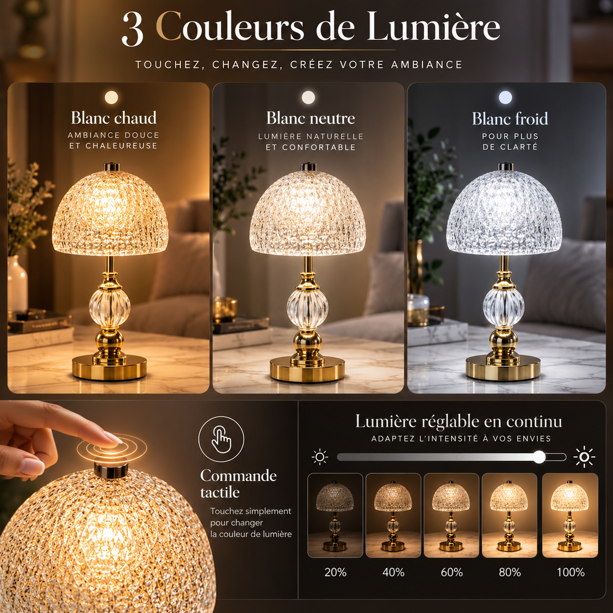 Lampe de Table LED Cristal Dorée Tactile